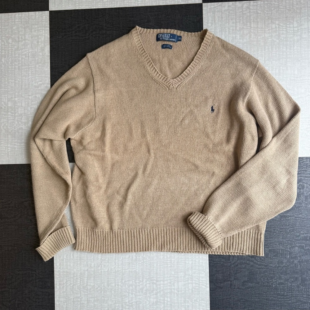 Polo Ralph Lauren Women’s Linen-Cotton V-Neck Sweater Oatmeal Beige  Size XL
